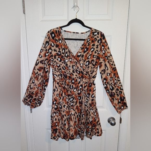 Leopard Print Surplice Neck Bishop Sleeve Ruffle Hem Dress - Picture 1 of 1